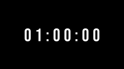 Digital countdown clock timer in one minute or 60 seconds to zero second. White text number on isolated black background. Element for overlay concept. 4K footage motion video
