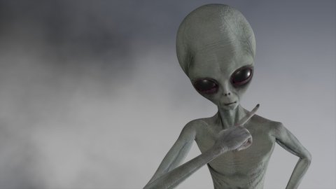 Scary gray alien stands and looks blinking on a dark smoky background. Threatening gesture. UFO futuristic concept. 3D rendering.