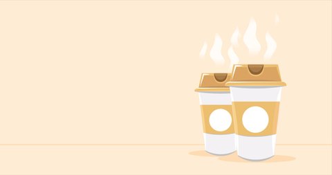 Hot coffee in a paper cup with steam for coffee house emblem, beige background. two cups without logo. Fast food service concept, cooking take away. 2d animation, cartoon, video clip Video Stok