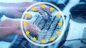 Animation of data processing, European Union yellow stars turning, network of connection with interface icons over person typing on computer keyboard. Global networking concept digital composite. - Powered by Shutterstock - Get 15% off with code: PIKWIZARD15