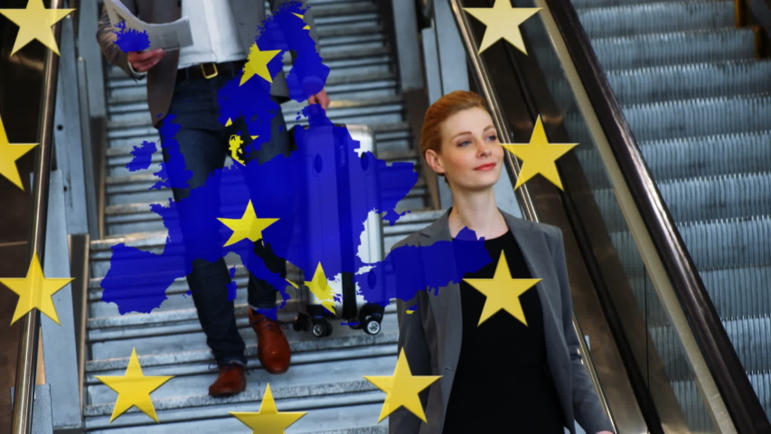 Animation of an EU map with EU flag over Caucasian woman using escalator. Coronavirus Covid-19 pandemic concept digital composition - Powered by Shutterstock - Get 15% off with code: PIKWIZARD15