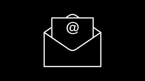 Email opening animated icon. 4K white on black alpha channel. 