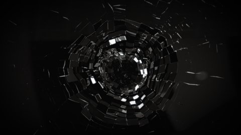Hi speed shatter mirror cracking in slow motion top view with 3d rendering.