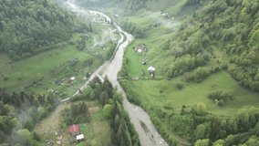 Ukraine, Carpathian Mountains: River in the Mountains. Aerial.