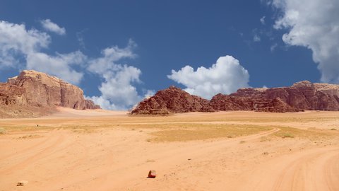 Wadi Rum Desert, Jordan, Middle East-- also known as The Valley of the Moon is a valley cut into the sandstone and granite rock in southern Jordan 60 km to the east of Aqaba   