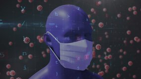 Animation of data processing, macro Covid-19 cells floating over 3D human head model wearing a face mask. Coronavirus Covid-19 pandemic concept digital composite - Powered by Shutterstock - Get 15% off with code: PIKWIZARD15