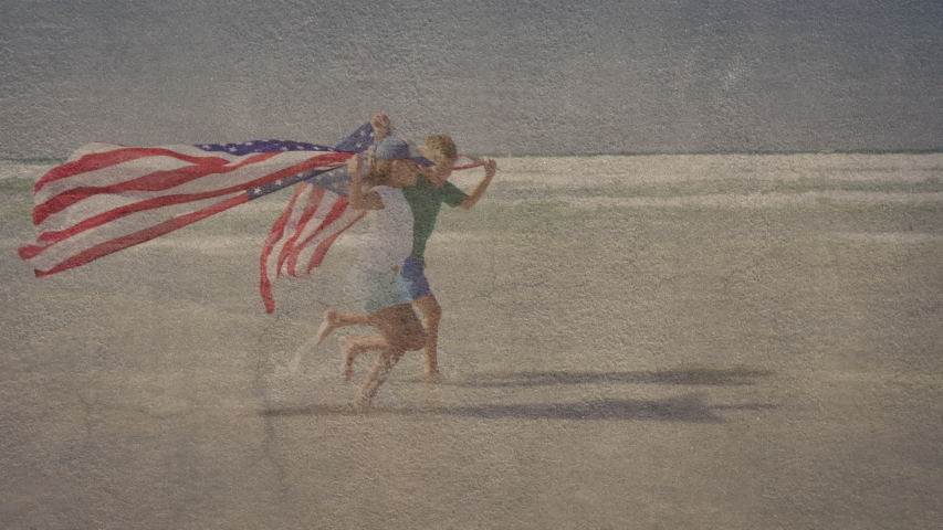 Animation of a text Happy 4th Of July made of U.S. flag over Caucasian kids running, holding U.S. maps. U.S. flag Independence Day concept digital composition