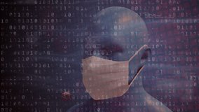 Animation of data processing, macro Covid-19 cells floating over a 3D human head model wearing a face mask. Coronavirus Covid-19 pandemic concept digital composite - Powered by Shutterstock - Get 15% off with code: PIKWIZARD15