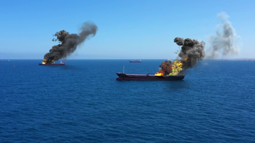 Cargo ships Burning on fire under attack in Mediterranean Sea 
Real Drone view with visual effect Elements,Aerial
 Royalty-Free Stock Footage #1055185100