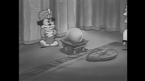 CIRCA 1933 - In this animated film, Bimbo works as a psychic who uses a crystal ball to reveal a scene of Betty Boop bathing when she was a baby.