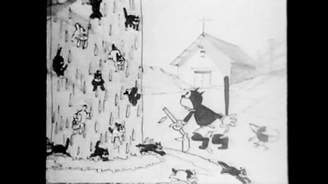 CIRCA 1924 - In this animated film, Felix the Cat proves his marksmanship capabilities by shooting the bird on a weather vane, which promptly causes it to start raining cats and dogs.
