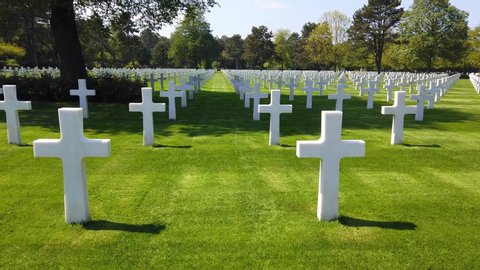 FRANCE - CIRCA 2020 - Moving shot through the World War Two Normandy American Cemetery in France.
