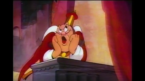 CIRCA 1939 - In this animated film, a town crier warns a king about a giant on the beach.