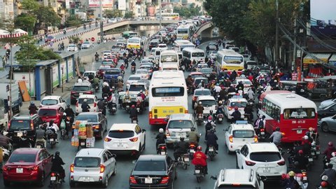 Congested Road In Hanoi, Busy Rush Hour, Infrastructure, Transportation, Vietnam. Hanoi, Vietnam - FEBRUARY 26, 2020