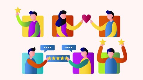 Animated cartoon a group of customers giving rating for satisfaction service with star and heart symbol. Shot in 4k resolution