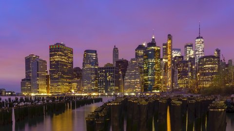 Beautiful sunrise over Manhattan office buildings at Lower Manhattan in the morning. New York City, Time lapse New York City skyline at sunrise, 