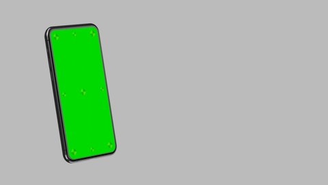 Smartphone blank green screen with indicators slide into the frame. Phone flies to the left and right and to the center in horizontal mode. Luma matte included for easy replacing background