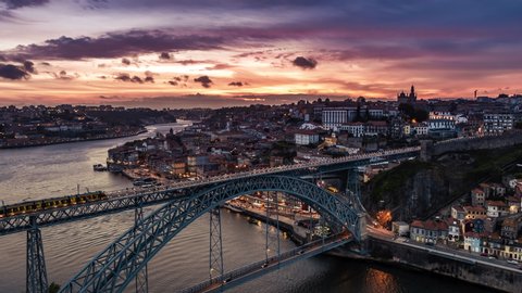 Stunning Sunset, Aerial View Shot of Porto, Oporto, Dom Luis I Bridge, Douro River, Old Town, Portugal