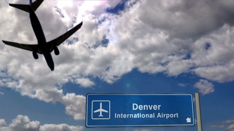 Jet plane landing in Denver, Colorado, USA. City arrival with airport direction sign. Travel, business, tourism and transport concept. 3D rendering animation.