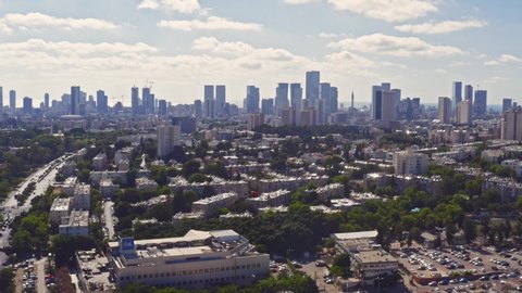 Aerial drone view to Tel Aviv business skyline, Israel, 4k