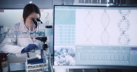 Multi ethnic, female team studying DNA mutations. Wearing protective workwear. Computer screens with DNA