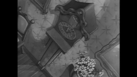 CIRCA 1936 - In this animated film, a kitten bats at a cuckoo clock, another eats soap and blows bubbles, another gets stuck in a milk bottle, and another wreaks havoc with a vacuum cleaner