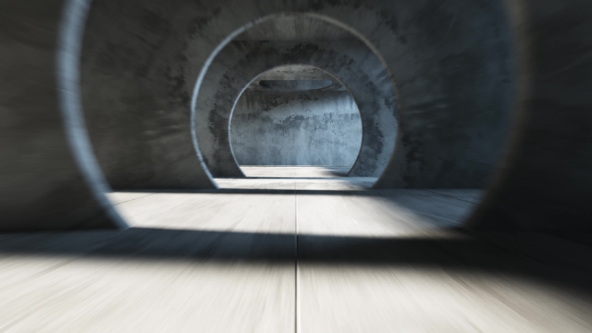 Endless flight in a gray concrete tunnel. The movement of the camera in a circle. Solar swap makes its way from different sides. Seamless loop abstract animation Royalty-Free Stock Footage #1055224196