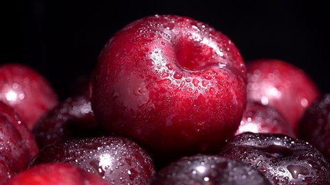 Fresh ripe wet plums rotation. Loop motion