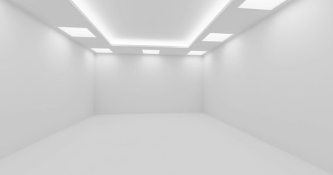 Empty white room with white wall, floor and ceiling with square embedded ceiling lamps and hidden ceiling lights video panorama view, 3d animation
