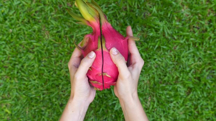 Close-up of Woman Hands Hold and Open Two Sliced Halves of Fresh White Dragon Fruit Pitaya with Green Grass on the Background. Top View