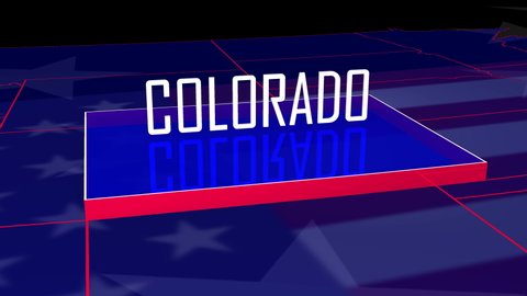 Graphic fly into Colorado on colorful animated map of the United States of America.