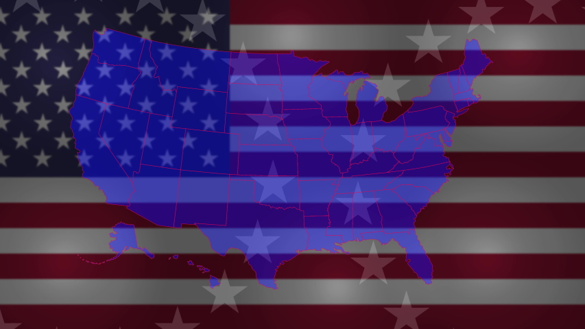 Graphic fly into Nebraska on colorful animated map of the United States of America.