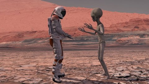 Astronaut meets a Martian on Mars. First contact. Alien on Mars. Exploring mission to mars. Colonization and space exploration concept. 3d rendering. Elements of this video furnished by NASA.
