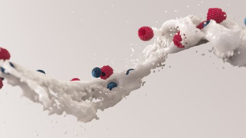 Yogurt splash in the air with ripe berries, raspberries and blueberries. Slow motion realistic animation in 4k.