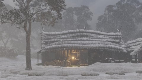 Cottage in the Middle of the Forest During a Snow Fall 3D Rendering