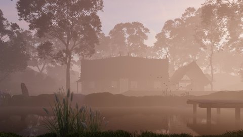 Cottage Covered in Morning Mist 3D Rendering