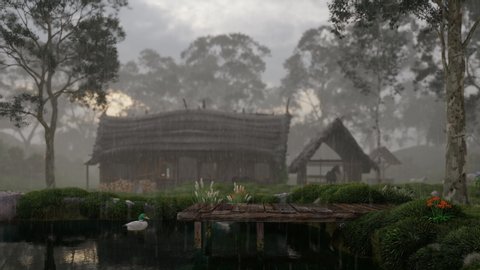 Cottage in the Middle of the Forest on a Rainy Day 3D Rendering