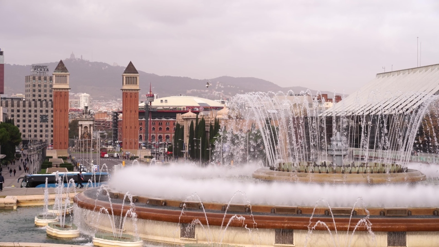 The magic fountain of Montjuic, on the hill of Montjuic in Barcelona, Spain