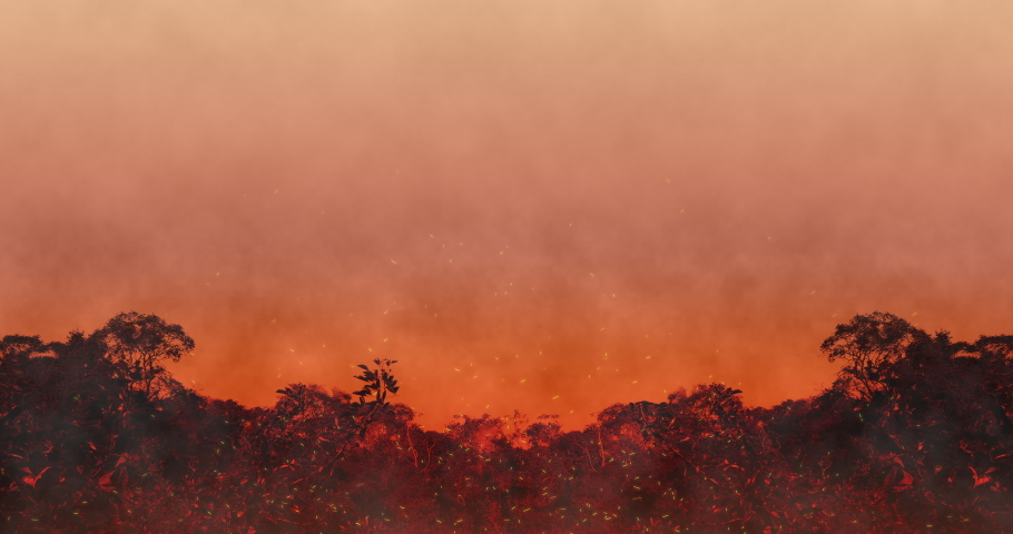 Forest on fire. Animation of burning trees, heat wave and sparks. Arson or climate change concept. Space for text. 