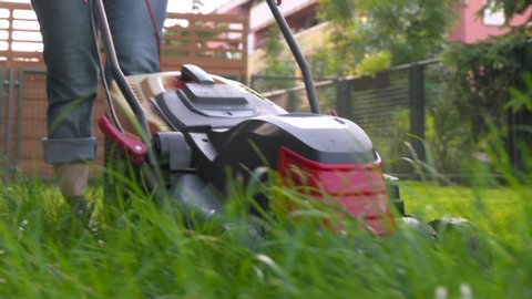 Worker cutting grass in private yard. Mowing high green grass with corded electric lawn mower near house. Outdoor seasonal household works.