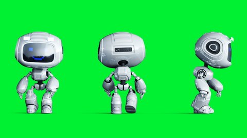 White smiling toy robot animation. Phisical motion blur. Realistic green screen 4k animation. Green screen