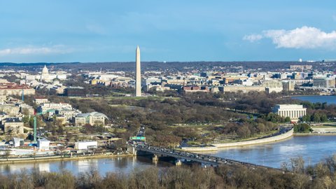 Time lapse aerial view of Washington, DC with the Jefferson Memorial, U.S. Capitol, Washington Monument, and Lincoln Memorial. Transportation and city lifestyle concept.
