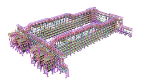 BIM model of a large steel industrial building for presentation to the customer from the design organization. Circular flight of the structural model of the building. 3D rendering.