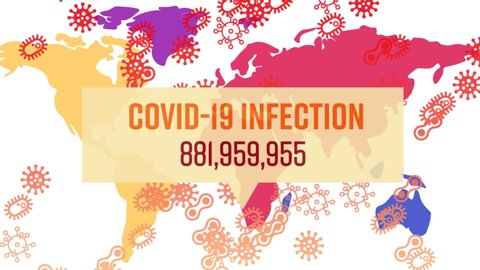 Animation of the words Covid-19 Infection with numbers growing written on yellow banner over cells of coronavirus Covid-19 spreading and world map on white background