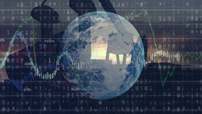 Animation of globe, binary coding and oil pumpjack over stock market display with numbers and graphs, price going up and down at the stock exchange over data recording in the background - Powered by Shutterstock - Get 15% off with code: PIKWIZARD15