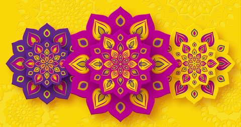 Rotating Indian Rangoli for Diwali festival of lights. Bright purple color on yellow background. Seamless 4K loop video animation.