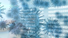 Animation of macro coronavirus Covid-19 cells spreading over an airport flight departures board with a list of flight destinations on it and hands typing at a computer keyboard - Powered by Shutterstock - Get 15% off with code: PIKWIZARD15