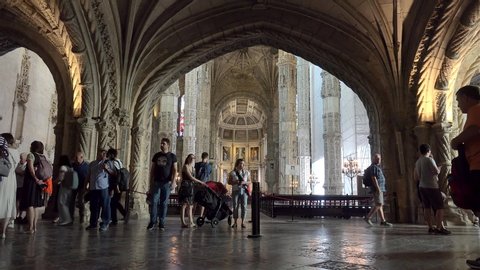 LISBON, BELEM / PORTUGAL - SEPTEMBER 23, 2019:
Tourists in the Church of Santa Maria of Jeronimos Monastery.