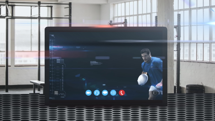 Animation of digital display of tablet computer showing life streaming of male rugby player catching a ball, data processing, with coronavirus Covid 19 spreading. Fitness vlogging social distancing - Powered by Shutterstock - Get 15% off with code: PIKWIZARD15