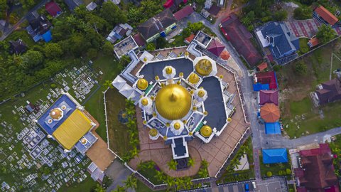 Aerial Ubudiah Mosque Sunrise Time lapse located in Kuala Kangsar, Perak, Malaysia at dawn. Prores Full HD